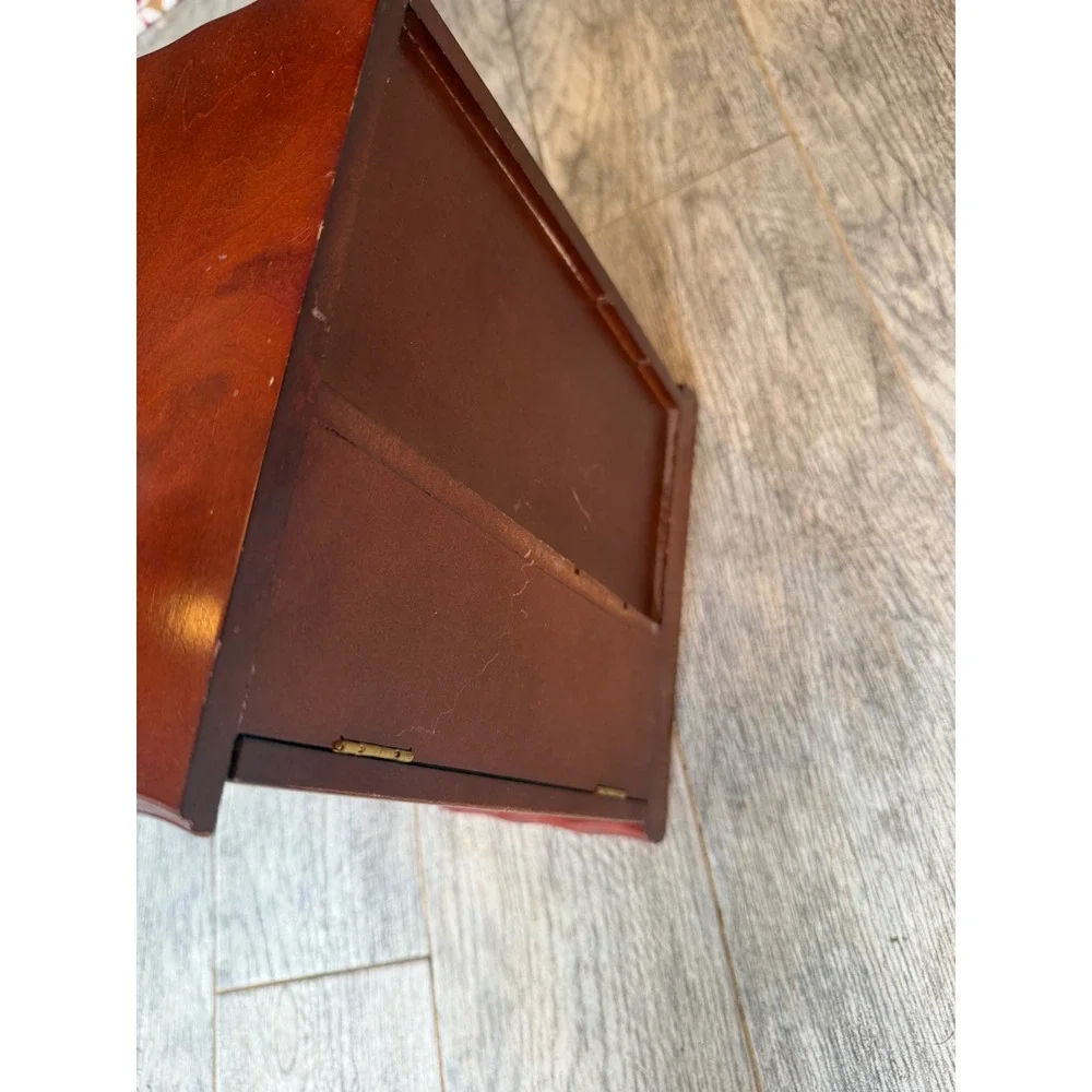 Jewelry Armoire Box Cherry Brown Etched Glass Wood Vintage 80s drawers necklace